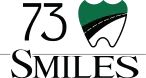 73 Smiles logo featuring number 73, green tooth icon, and dental practice text.