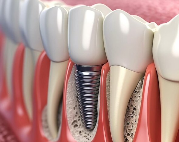 Dental implant cross-section showing screw fixture in jawbone with crown restoration and surrounding tissue anatomy.
