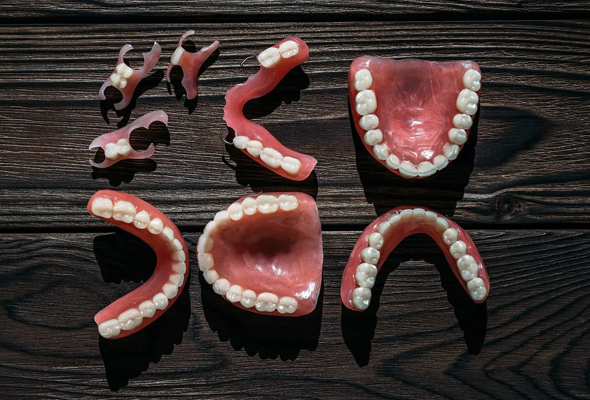 Dental prosthetics and dentures arranged on dark wooden surface displaying various teeth models.