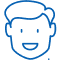 Simple blue line drawing of a smiling child's face with rounded features