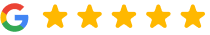 Google logo with five gold stars indicating a perfect five-star rating review for 73 Smiles.