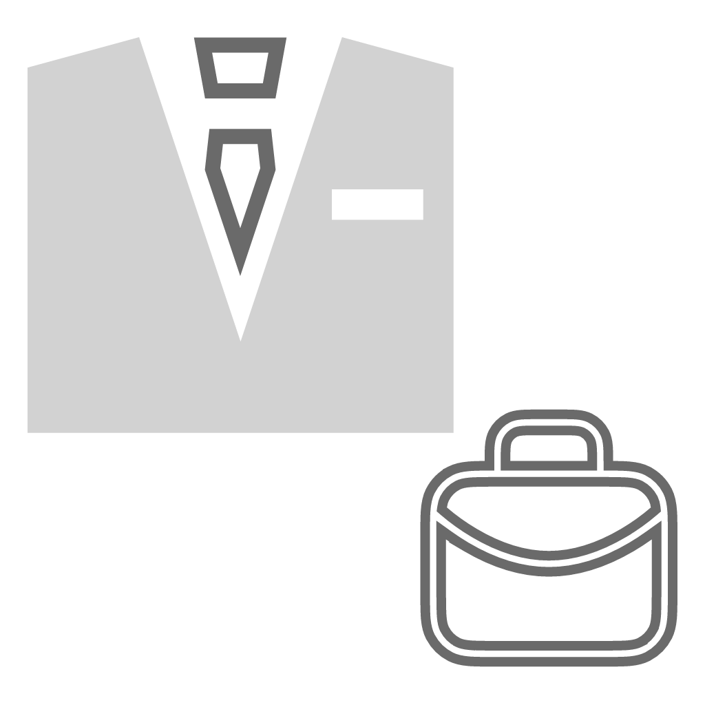 Business professional in suit jacket next to briefcase icon representing corporate work and employment.