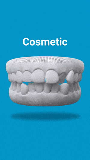 3D dental model showing teeth with "Cosmetic" label on blue background